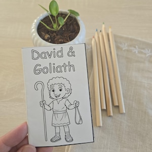 May include: A white rectangular coloring book with the black text David & Goliath printed at the top. Below the text is a black and white line drawing of a person holding a shepherd's staff in one hand and a sling in the other hand.