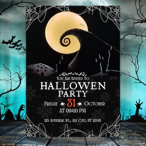 May include: Halloween party invitation with a spooky design. The invitation features a black background with a full moon, bats, and a swirling black shape. Text includes "You are invited to Halloween Party" and event details.
