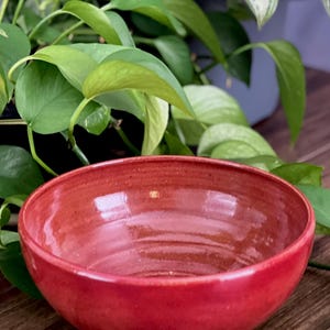 May include: A handmade, red ceramic bowl with a glossy finish. The bowl sits on a small, unglazed base. Green leafy plants are in the background, creating a natural aesthetic. The bowl is likely used for serving food or as a decorative piece.