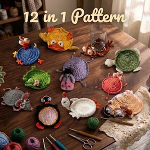 12-in-1 Pop-Up Animal Coaster Crochet Pattern Bundle – Funny Mug Rug Collection PDF