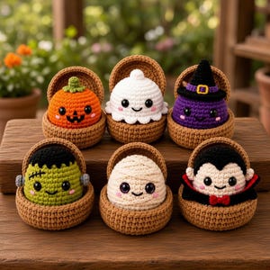 May include: Six small, round, crocheted Halloween figures, each nestled in a brown crocheted basket. The figures include a pumpkin, a white ghost, a purple witch, a green monster, a beige mummy, and a vampire, all featuring black eyes.