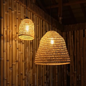 Bell shape rattan lamp shade pendant light handwoven rattan wicker hanging lamp large rattan chandelier home decor