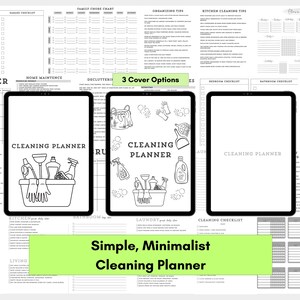 Puede incluir: Un planificador de limpieza digital con tres opciones de portada, que se muestra en tabletas. El planificador incluye listas de verificación, calendarios y consejos de limpieza. El texto "Simple, Minimalist Cleaning Planner" se muestra en un rectángulo verde.