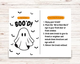 May include: A white Halloween-themed card with the text "You've been BOO'D!" and a cartoon ghost illustration. Black bat silhouettes surround the ghost. The right side has instructions on how to participate in the Halloween activity.