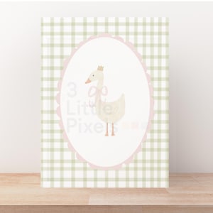 Goose Nursery Print: Watercolor Duck with Pink Bow, Gingham Decor (Digital Download)