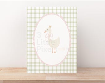 Goose Nursery Print: Watercolor Duck with Pink Bow, Gingham Decor (Digital Download)