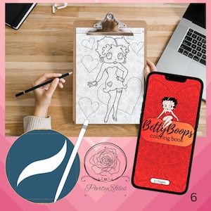 May include: An image of a Betty Boop digital mandala coloring book. The text reads "BETTY BOOP DIGITAL MANDALA COLORING BOOK / PRINT READY". The image includes a coloring page, a smartphone displaying a Betty Boop coloring book, and a pencil.