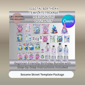 Può includere: Un pacchetto di modelli digitali per compleanni con personaggi di Sesame Street. L'immagine include vari articoli per feste come sacchetti di snack, bottiglie d'acqua e cappelli da festa. Il testo sull'immagine recita "Tutti i design sono inclusi" e "Personalizza istantaneamente."