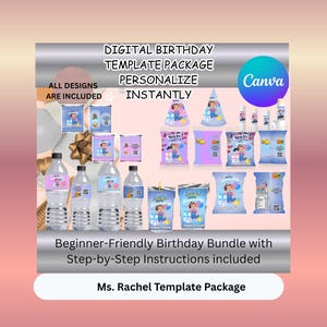 Puede incluir: Un paquete de plantillas digitales de cumpleaños con sombreros de fiesta, botellas de agua y bolsas de aperitivos. El texto dice: "Paquete de plantillas digitales de cumpleaños, Personaliza al instante, Todos los diseños están incluidos, Paquete de cumpleaños para principiantes con instrucciones paso a paso."