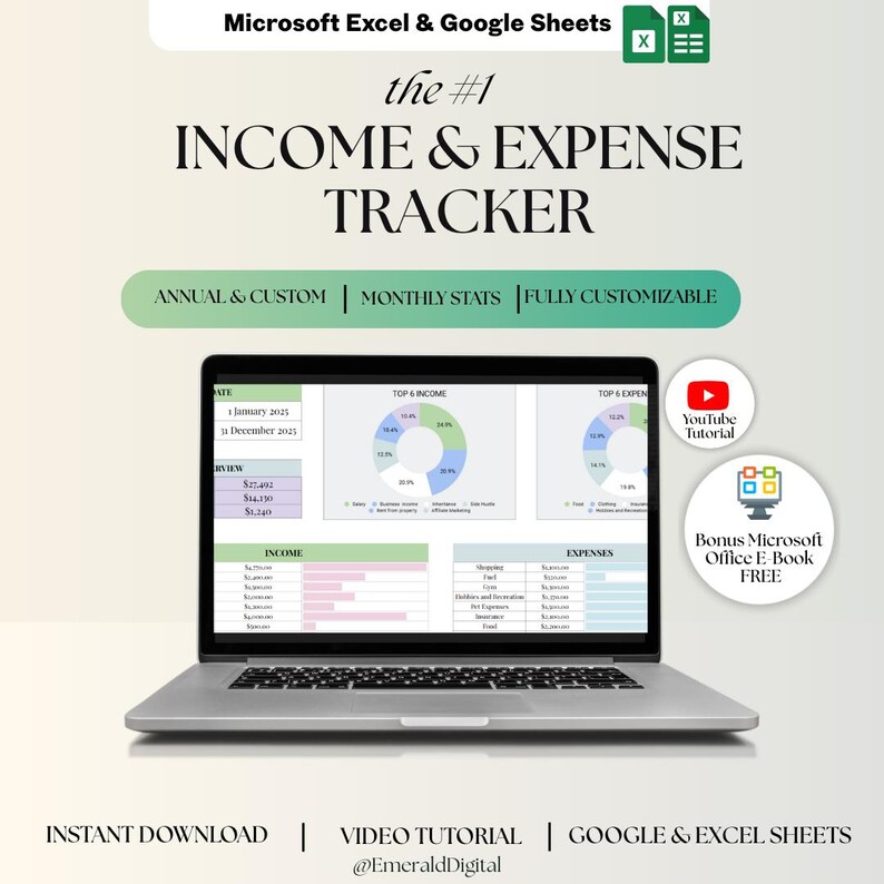Income & Expense Tracker Excel Spreadsheet | Monthly and Annual Finance ...