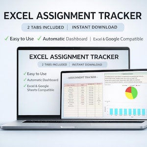 Può includere: Un laptop e un tablet mostrano un tracker di assegnazione Excel. Il testo sullo schermo recita "Excel Assignment Tracker", "2 schede incluse" e "Download istantaneo". Ulteriori testi includono "Facile da usare", "Dashboard automatico".