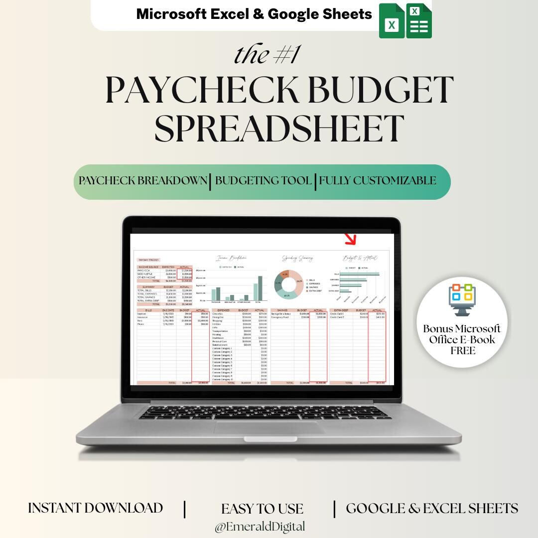 Paycheck Budget Spreadsheet | Excel & Google Sheets (digital Download ...