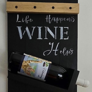 Handmade Wall-Mounted Wine Rack | Rustic Wood Wine Bottle & Glass Holder | &quot;Life Happens, Wine Helps&quot; Sign | Painted Wine Display Gift