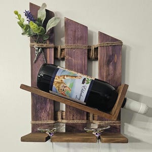 Handmade Solid Wood Wine Rack – Holds 1 Bottle & 2 Glasses – Custom Colors or Stains – Rustic Wall-Mounted Wine Holder