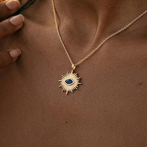 Gold Evil Eye Necklace | Sunburst Pendant Necklace for Women | Celestial Protection Jewelry | Blue Eye Charm | Spiritual Gift for Her