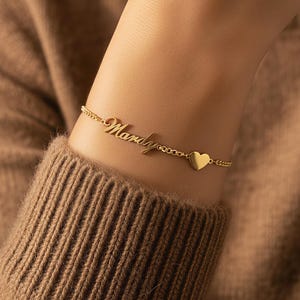 Personalized Name Bracelet, Gold Script, Heart Charm