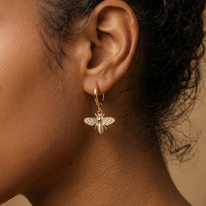 Gold Bee Earrings | Honey Bee Hoop Earrings | Dainty Nature Inspired Jewelry | Gift for Her | Minimalist Bumblebee Charm | Gold Hoops