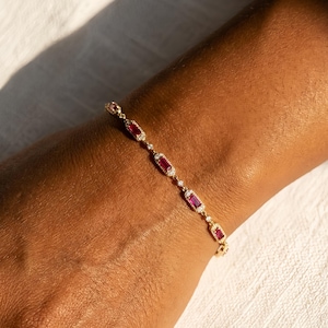 Ruby and Diamond Bracelet, 14k Gold Link Bracelet, July Birthstone Jewelry, Dainty Baguette Ruby Bracelet, Art Deco Jewelry, Gift for Her