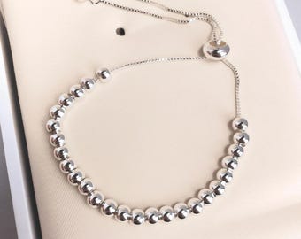 Armband met kralen van sterling zilver | Verstelbare bolo-armband voor dames | Minimalistische schuifarmband | Sierlijke kralenarmband | Cadeau voor haar