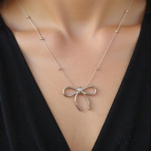 Charming Silver Bow Necklace, Silver Ribbon Bow Pendant Chain Necklace, Delicate Necklace, Bow Pendant, Women Jewelry, Gift for Her