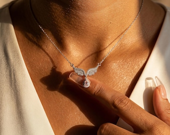 Collar con colgante de ala de ángel y piedra rosa en forma de pera / Joyería de plata de ley con colgante de ala para mujer / Regalo de ángel guardián / Joyería romántica y delicada