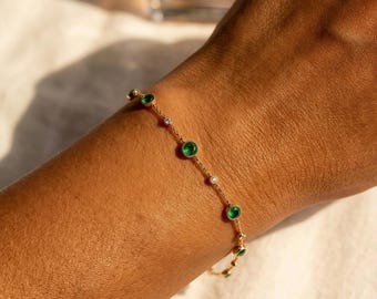 14K Gold Emerald and Diamond Station Bracelet, Genuine Green Gemstone Jewelry, Dainty May Birthstone Gift, Minimalist Layering Bracelet