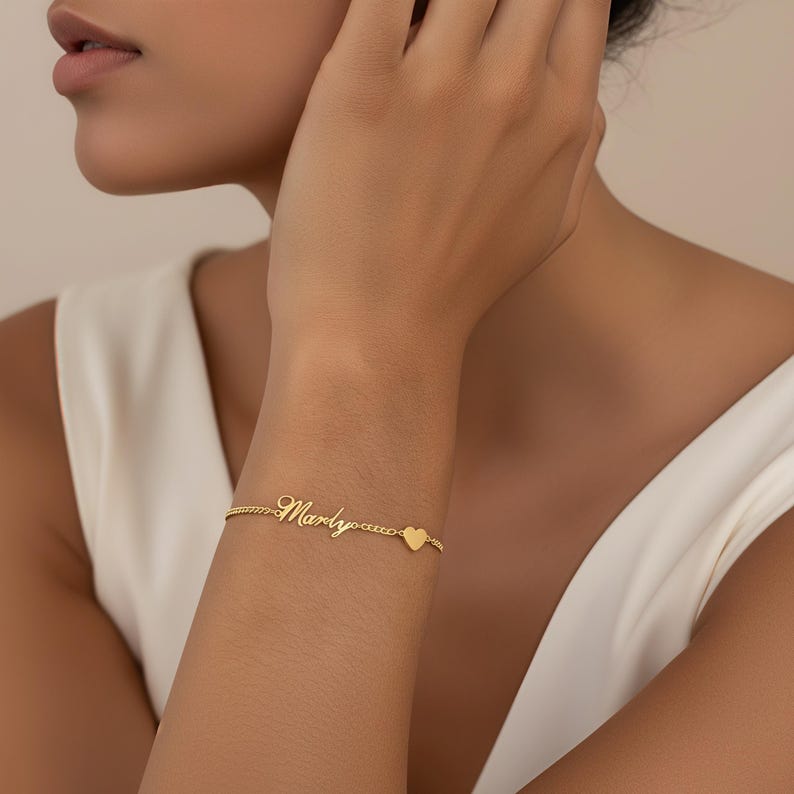 Personalized Name Bracelet Gold, Custom Letter Script Charm, Delicate Sterling Silver Plated Birthday Gift for Women & Bridesmaids image 1
