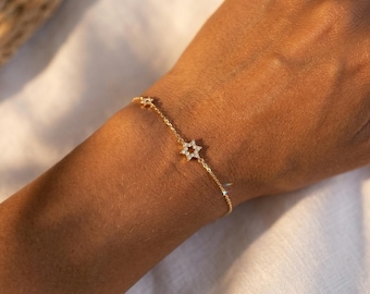 Davidsstjärnarmband i 14k guld, Magen David-smycken, diamantstjärnarmband, judisk present till henne, bat mitzvah-present, läckert guld
