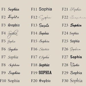 May include: A collection of 30 variations of the name "Sophia" in different fonts and styles, arranged in a grid. The text is in black against a beige background. Each variation is labeled with a number and the name.