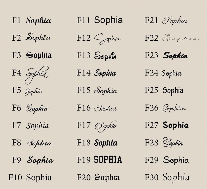 May include: A collection of 30 variations of the name "Sophia" in different fonts and styles, arranged in a grid. The text is in black against a beige background. Each variation is labeled with a number and the name.