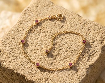 14k Gold Ruby Bracelet, Genuine Red Gemstone Station Bracelet, Dainty July Birthstone Jewelry, Minimalist Gold Chain Gift for Her