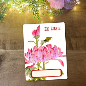 May include: A white bookplate with the text "EX LIBRIS" in red. The bookplate features a pink and red floral illustration with green leaves. A blank rectangular space is below the flower.