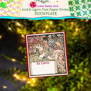May include: A bookplate featuring a medieval illustration of knights jousting, framed in red. The bookplate has the text "Ex Libris" at the bottom. The top of the image has the text "Cricket Radio Arts Acid & Lignin Free Paper Sticker BOOKPLATE".