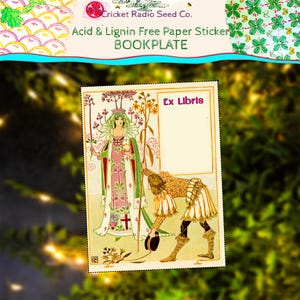 May include: A vintage bookplate sticker with the text "Acid & Lignin Free Paper Sticker BOOKPLATE" and "Ex Libris". The sticker features an illustration of a woman in a pink and green gown and a man in a yellow and white outfit.