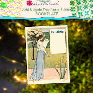 May include: A vintage bookplate with the text "Ex Libris" and the words "Acid & Lignin Free Paper Sticker BOOKPLATE". The illustration features a woman in a long blue skirt reading a book in a garden setting with daffodils.