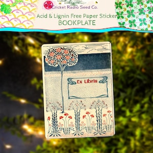May include: A vintage bookplate featuring a tree design, red flowers, and the words "Ex Libris." The bookplate has a blue and white colour scheme with the text "Acid & Lignin Free Paper Sticker BOOKPLATE" at the top. The bookplate is rectangular.