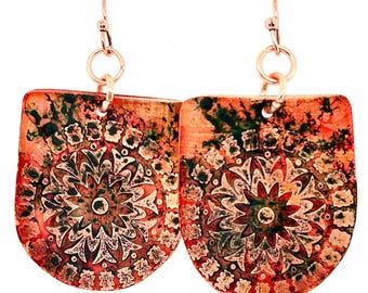 Handmade Etched Mandala Orange Copper Earrings
