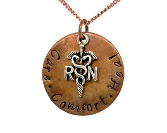 Stamped RN And LPN “Care Comfort Heal” Handmade Copper Necklace
