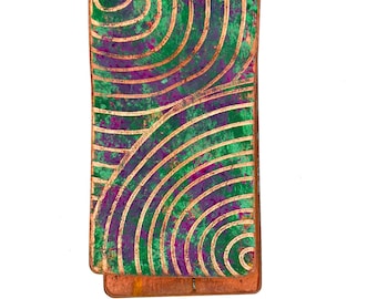 Handmade Etched Purple Green Swirl Copper Money Clip