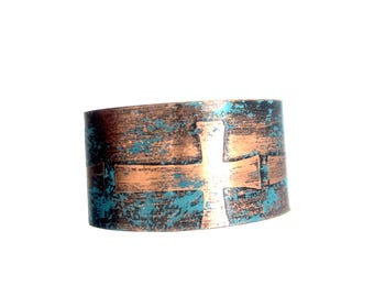 Handmade Turquoise Etched Cross Copper Cuff Bracelets