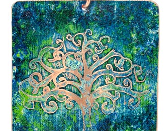 Gorgeous Handmade Etched Blue-Green Tree Of Life Copper Necklace
