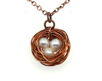 Handmade Cultured Pearl Birds Nest Copper Necklace