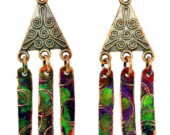 Custom Made Etched Green Swirl Copper Earrings