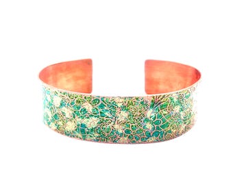Boho~Handmade Etched Fern Green Copper Cuff