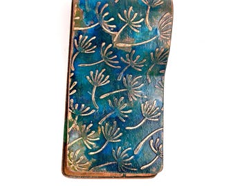 Handmade Etched Blue-Green Leaf Copper Money Clip