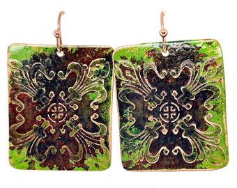 Handmade Etched Mandala Green Copper Earrings
