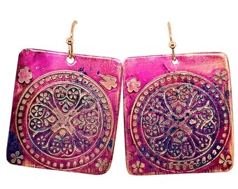 Handmade Etched Mandala Cranberry Copper Earrings