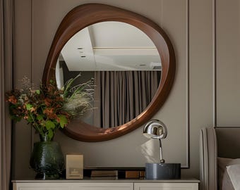Round Walnut Frame Wall Mirror: Modern Minimalist Decor