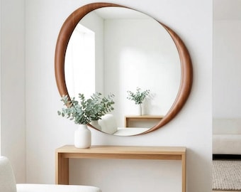 Round Walnut Wall Mirror; Modern Organic Shape Wood Mirror for Living Room & Entryway