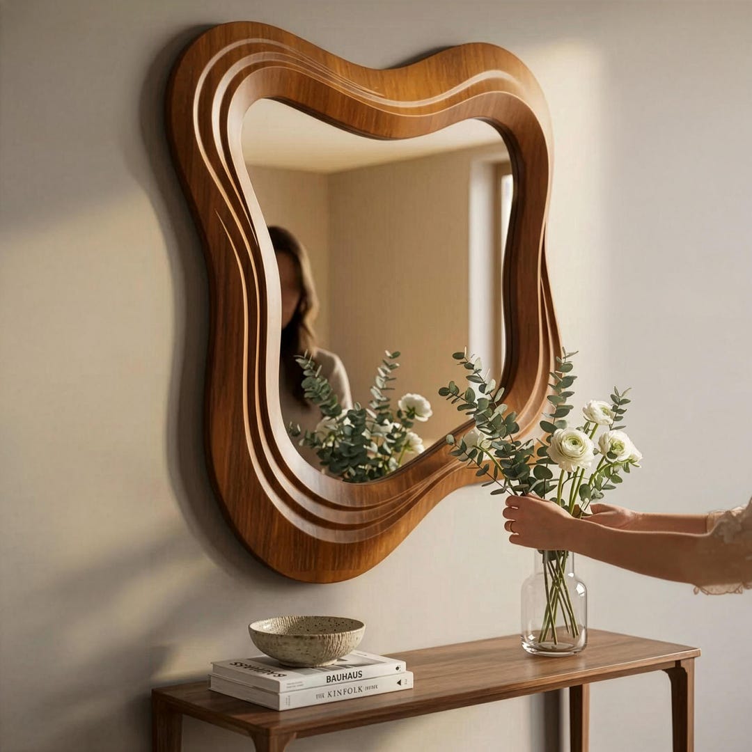 Wavy Asymmetrical Walnut Wall Mirror; Mid Century Modern Decor - Etsy